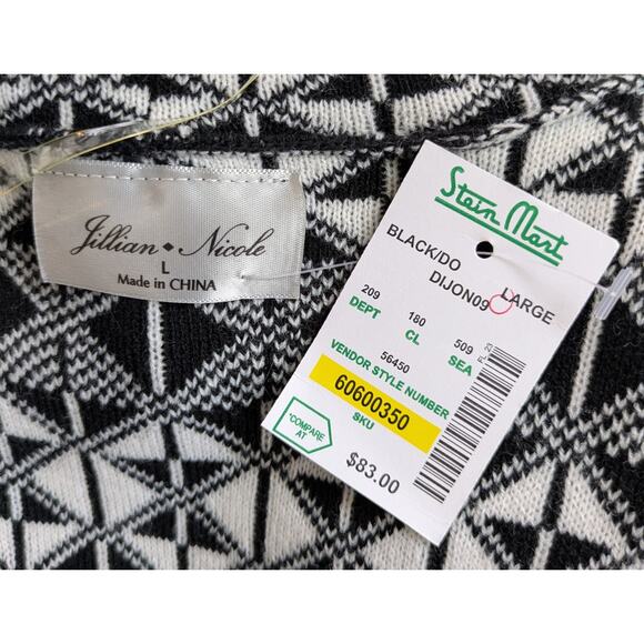 NEW Jillian Nicole Cardigan Large Black White Mixed Pattern Fringed Open Pockets - Picture 9 of 11